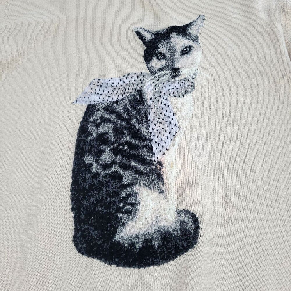 Kitty Cat Novelty Sweater Lands End M/P‎ supima Twee Preppy polka Dot Scarf lady